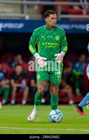 Piraeus, Greece. 17th Aug, 2023. Ederson of Manchester City during the UEFA Super Cup Final 2023 match between Manchester City and Sevilla FC at Stadio Georgios Karaiskakis in Piraeus, Greece on August 16, 2023 (Photo by Andrew SURMA/ Credit: Sipa USA/Alamy Live News Stock Photo