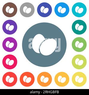 Two eggs solid flat white icons on round color backgrounds. 17 background color variations are included. Stock Vector