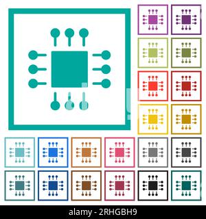Microchip solid flat color icons with quadrant frames on white background Stock Vector