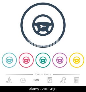 Steering lock flat color icons in round outlines. 6 bonus icons included. Stock Vector