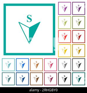 South compass direction flat color icons with quadrant frames on white background Stock Vector