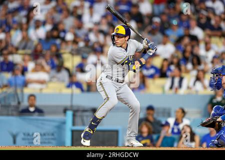 Milwaukee Brewers left fielder Christian Yelich (22) waits for a pitch during a regular season game between the Milwaukee Brewers and Los Angeles Dodg Stock Photo