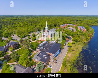 Gordon College aerial view including AJ Gordon Memorial Chapel and Coy Pond  in summer in town of Wenham, Massachusetts MA, USA Stock Photo - Alamy