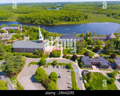 Gordon College aerial view including AJ Gordon Memorial Chapel and Coy Pond  in summer in town of Wenham, Massachusetts MA, USA Stock Photo - Alamy