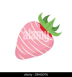 Strawberry in pink chocolate. Sweet dessert for Valentines day. Vector illustration in flat cartoon style Stock Vector