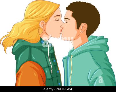 Interracial couple cartoon kissing illustration Stock Vector Image ...