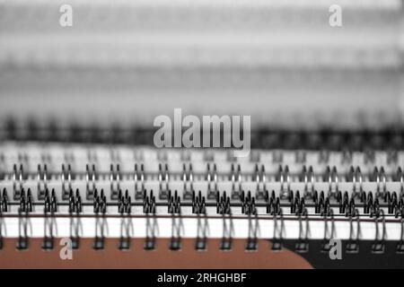 Ringbinders. Page binding borders. Close-up of business reports. Generic manual. Spiral notebooks background for mockup. Stock Photo