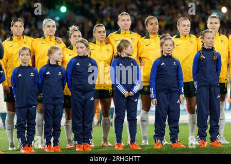 Sydney, Australia. 16th Aug, 2023. Australian players line up for the national anthem before the FIFA Women's World Cup Australia and New Zealand 2023 Semi Final match between Australia and England at Stadium Australia on August 16, 2023 in Sydney, Australia Credit: IOIO IMAGES/Alamy Live News Stock Photo