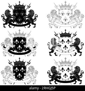 Crowned heraldic shield with three silver fleur-de-lys, flanked by two rampant lions and halberds Stock Vector