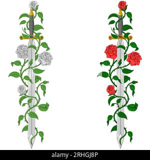 Vector design of European medieval sword with roses, Ancient sword surrounded by plants and flowers Stock Vector