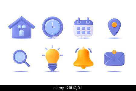Business and office schedule 3d icon set. Place, time, calendar, search, bulb, bell, envelope icon. Stock Vector