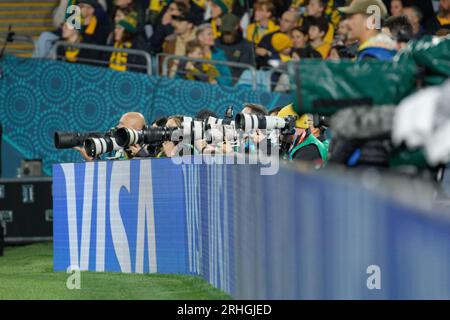 Sydney, Australia. 16th Aug, 2023. Photographers behind the signage during the FIFA Women's World Cup Australia and New Zealand 2023 Semi Final match between Australia and England at Stadium Australia on August 16, 2023 in Sydney, Australia Credit: IOIO IMAGES/Alamy Live News Stock Photo