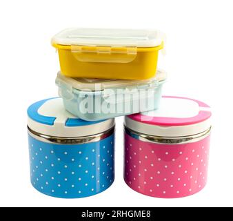 New plastic lunch boxes on a white isolated background Stock Photo