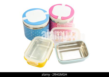 New empty plastic lunch boxes on white isolated background Stock Photo