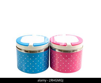 Blue and pink school lunch boxes set on white isolated background Stock Photo