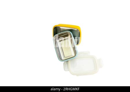 Stainless steel food box on white background Stock Photo