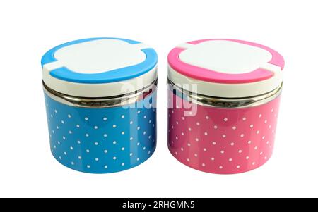 Metal carrier tiffins for food on white isolated background Stock Photo