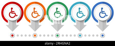 Wheelchair, disabled vector icon set, flat design infographic template, set pointer concept icons in 5 color options for webdesign and mobile applicat Stock Vector