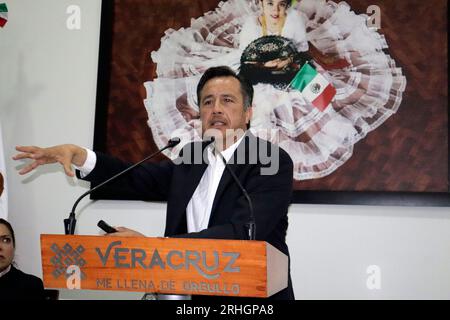 Mexico City, Mexico. 16th Aug, 2023. August 16, 2023, Mexico City, Mexico: The Governor of the State of Veracruz, Cuitlahuac Garcia Jimenez during a press conference at the Representation of the Government of Veracruz in Mexico City. on August 16, 2023 in Mexico City, Mexico (Photo by Luis Barron/Eyepix Group/Sipa USA). Credit: Sipa USA/Alamy Live News Stock Photo