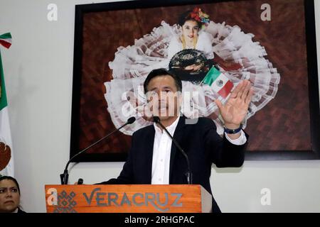 Mexico City, Mexico. 16th Aug, 2023. August 16, 2023, Mexico City, Mexico: The Governor of the State of Veracruz, Cuitlahuac Garcia Jimenez during a press conference at the Representation of the Government of Veracruz in Mexico City. on August 16, 2023 in Mexico City, Mexico (Photo by Luis Barron/Eyepix Group/Sipa USA). Credit: Sipa USA/Alamy Live News Stock Photo