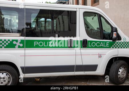 Milan , Italy  - 08 02 2023 : Polizia Locale di milano logo brand and text sign on fiat police van patrol in milan town italy Stock Photo
