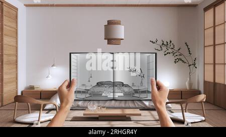 Hands holding notepad with japandi bedroom design blueprint sketch or drawing. Real interior design project background. Before and after concept, arch Stock Photo