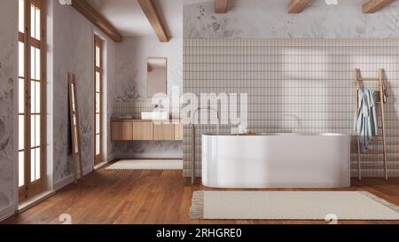 Japandi bathroom with freestanding wooden bathtub in white and beige ...