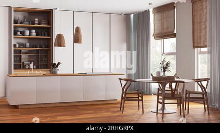Modern japandi kitchen and dining room in white tones. Island and dining table with chairs, parquet floor. Minimalist interior design Stock Photo