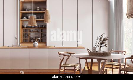 Japandi wooden dining room and kitchen in white tones. Island and table with chairs, parquet floor. Minimalist interior design Stock Photo