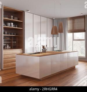 Minimalist contemporary wooden kitchen with island in white tones. Parquet floor and panoramic window with curtains. Modern interior design Stock Photo
