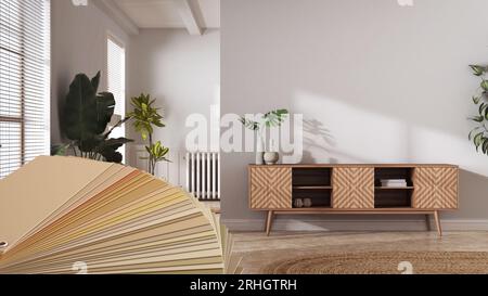 Color palette close up sample. Paint selection catalog over interior design scene, japandi living room. Chest of drawers, wallpaper and decors Stock Photo