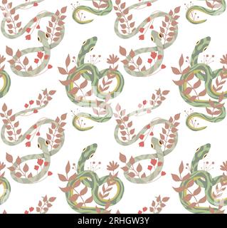 Vector seamless pattern with snakes and herbs on a white background. Animalistic texture with serpents and stems and foliage on a white background Stock Vector