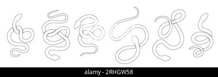 Vector set of black contour silhouettes of snakes in various poses. Collection of monochrome outline cobras and boas isolated from background. Animal Stock Vector