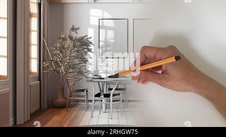 Architect interior designer concept: hand drawing a design interior project while the space becomes real, japandi farmhouse dining room with frame moc Stock Photo