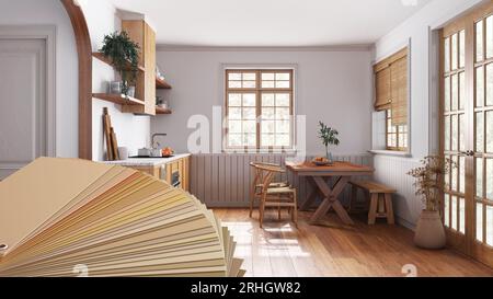 Color palette close up sample. Paint selection catalog over interior design scene, farmhouse wooden kitchen and dining room with wallpaper Stock Photo