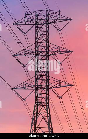 Electrical Tower with Vibrant Twilight Skies in the Bay Area, California. Stock Photo