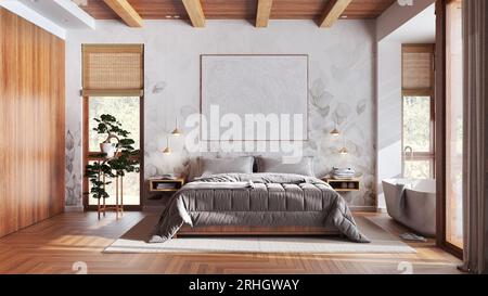 Contemporary wooden bedroom with bathtub in white and beige tones ...
