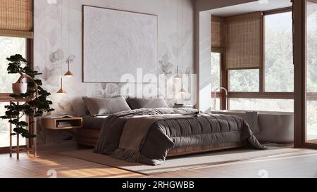 Japandi wooden bedroom with bathtub in white and beige tones. Master ...