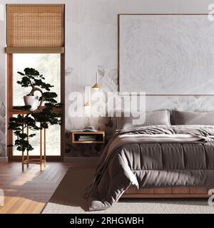 Contemporary wooden bedroom with bathtub in white and beige tones ...