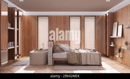 Contemporary wooden bedroom with bathtub in white and beige tones ...