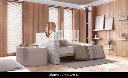 Minimalist wooden bedroom with bathtub in white and beige tones, close ...