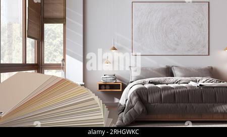 Color palette close up sample. Paint selection catalog over interior design scene, japandi bedroom with double bed and bathtub Stock Photo