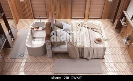 Contemporary wooden bedroom with bathtub in white and beige tones ...
