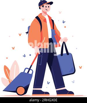 Hand Drawn happy cleaning staff is cleaning the floor in flat style isolated on background Stock Vector