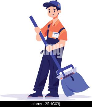 Hand Drawn happy cleaning staff is cleaning the floor in flat style isolated on background Stock Vector