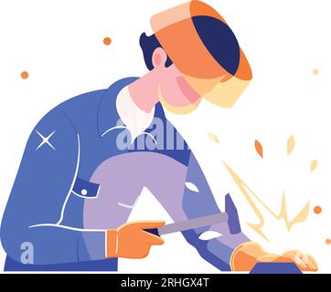 Hand Drawn Engineer or welder welding steel in flat style isolated on background Stock Vector