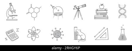 Laboratory doodle icon set. Hand drawn sketch line doodle style scientific education, chemistry laboratory, medicine experiment icon. Microscope, atom, magnet outline element. Vector illustration. Stock Vector