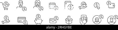 Set of rewards customer loyalty program icons. Card, shopping, app, user, piggybank. Pixel perfect, editable stroke Stock Vector