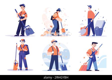 Hand Drawn happy cleaning staff is cleaning the floor in flat style isolated on background Stock Vector