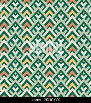 Seamless chevron pattern in green and orange. Intricate chevron background made of interlacing light and dark green, yellow and orange zigzags. Stock Vector